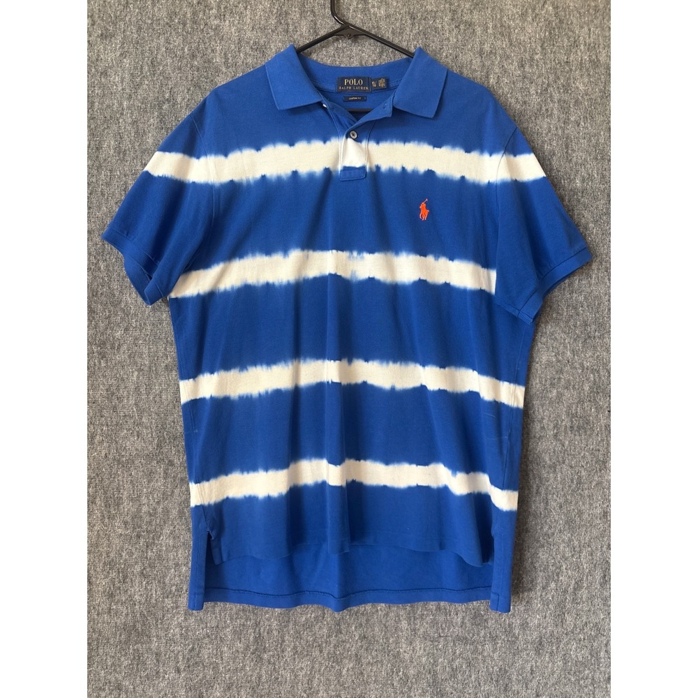 Polo Ralph Lauren Mens XL Blue White Tie Dye Stripe Custom Fit Cotton Polo Shirt